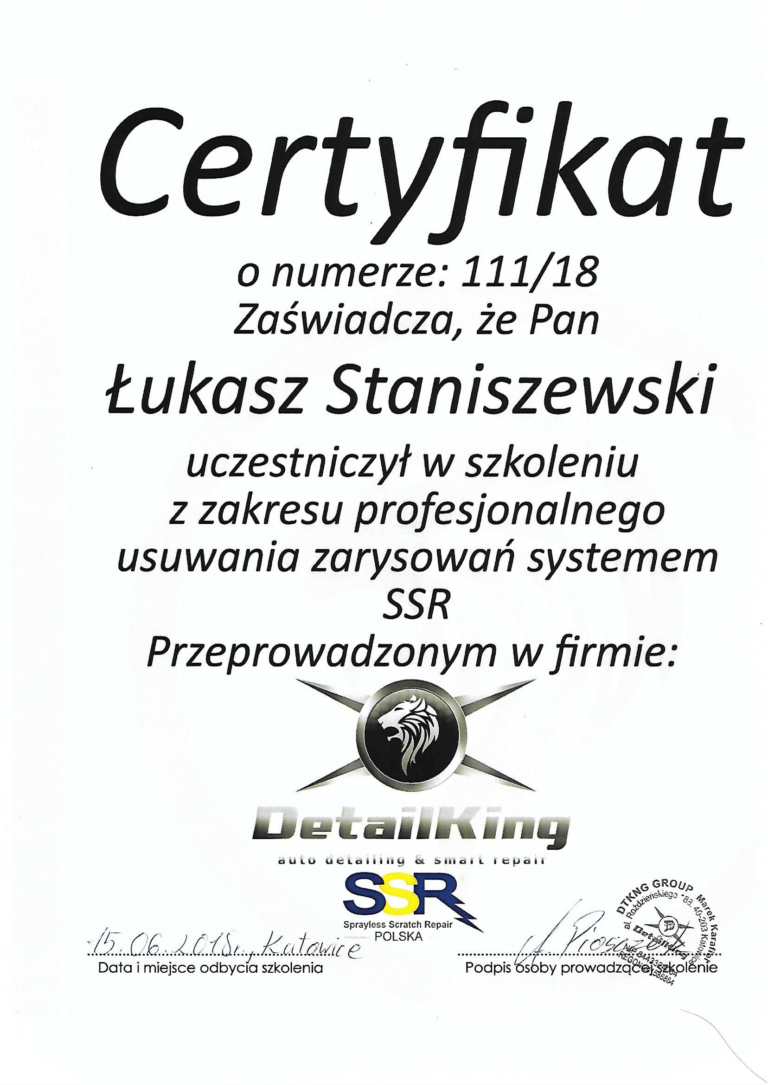 certfikat szkolenie SSR - usuwanie zarysowań lakieru-1
