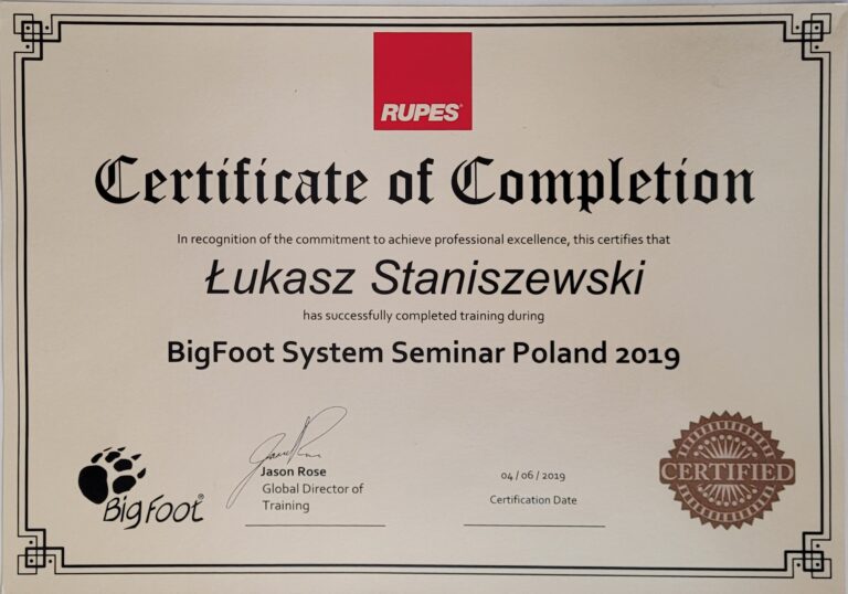 certyfikat szkonie RUPES - system polerski